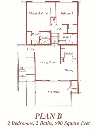 Floor plan for 2 beds, 2 baths, 990 sqft